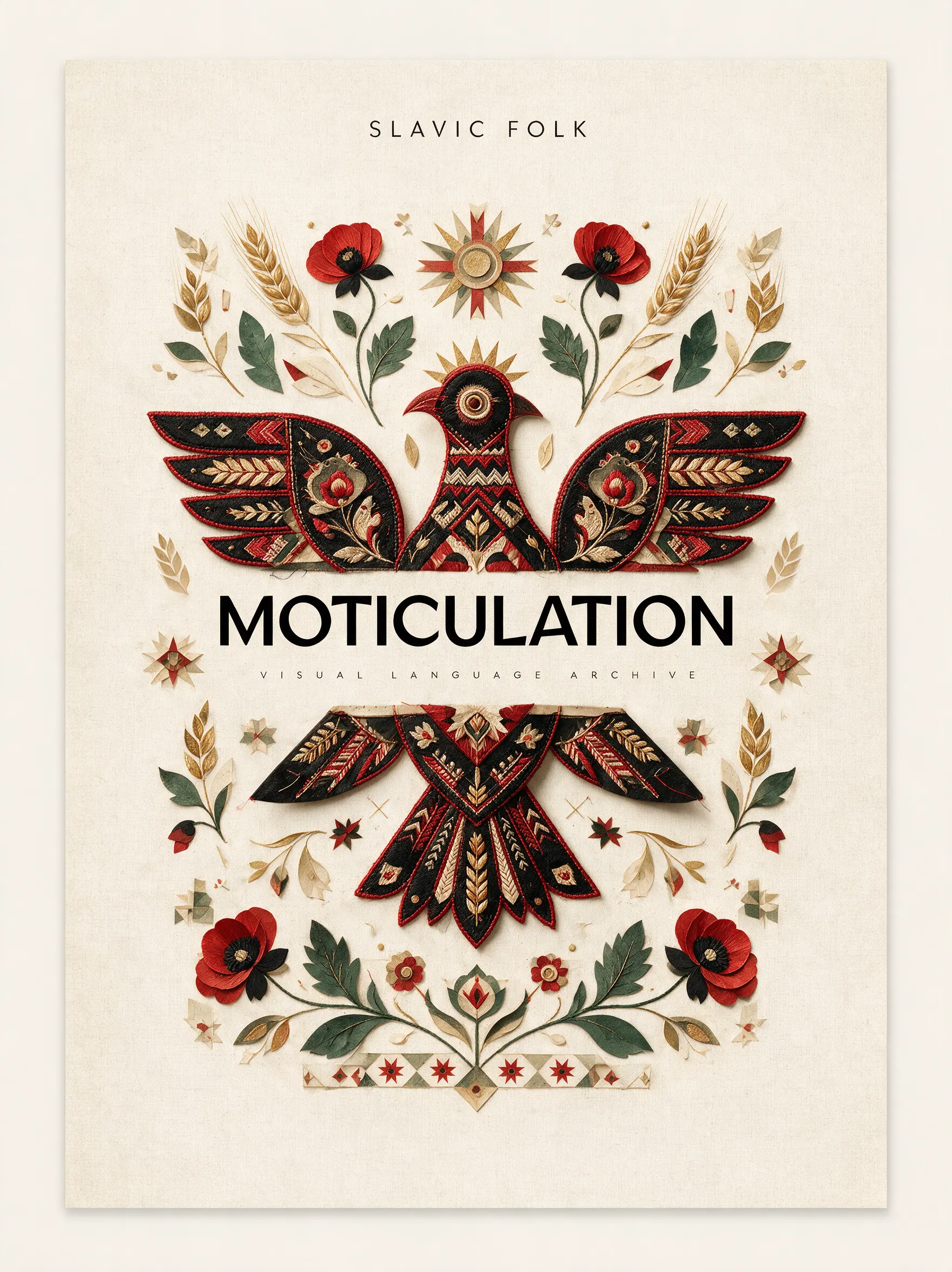 Embroidered bird and botanical Slavic folk poster