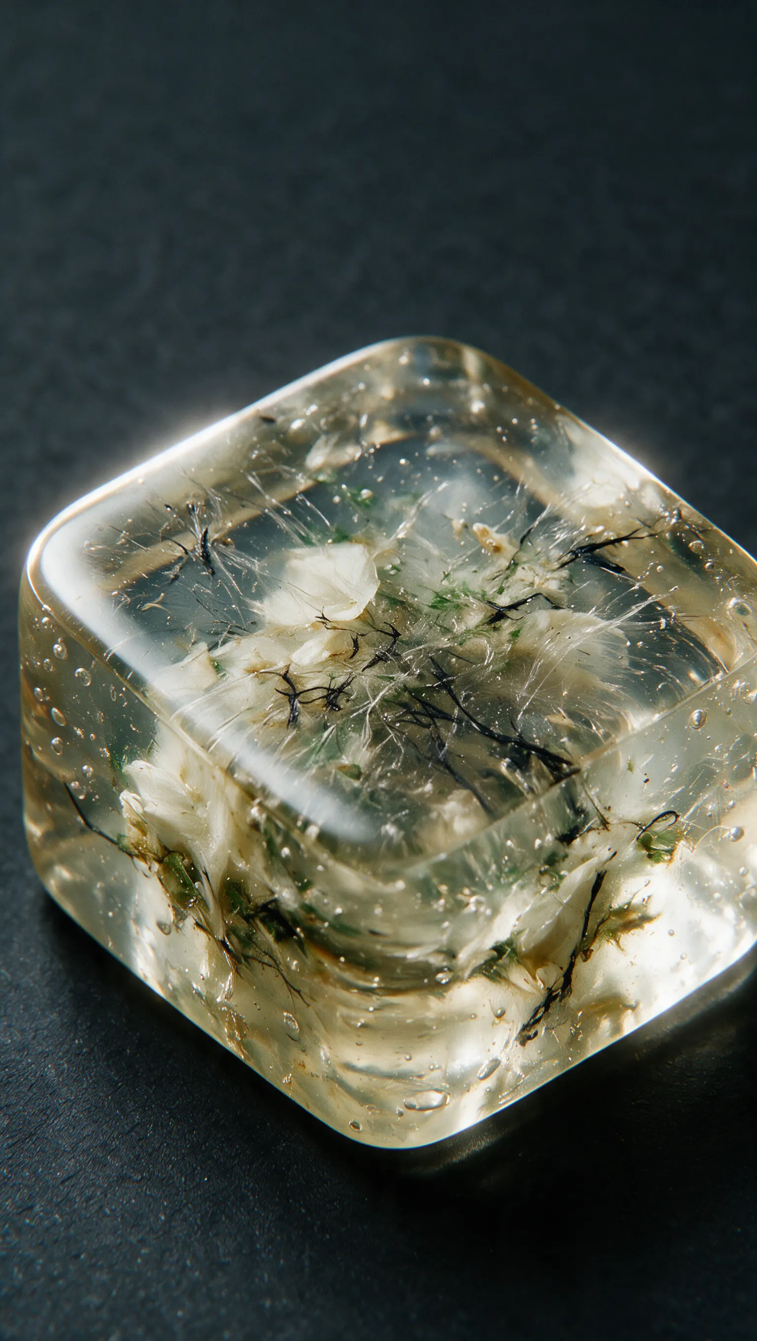 Botanical forms suspended inside a translucent cube